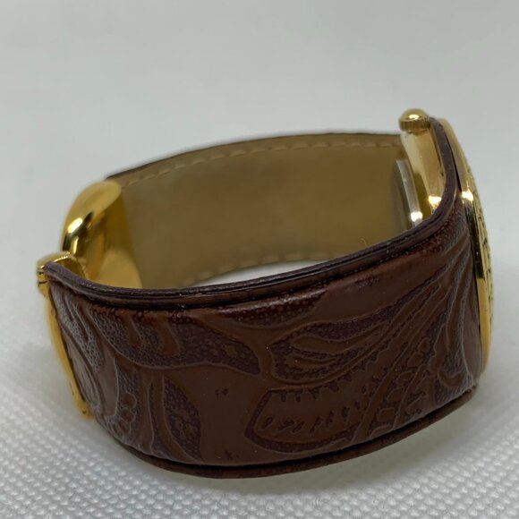 Avon women gold brown tone watch 33mm round case quartz cuff bangle running - Picture 5 of 7